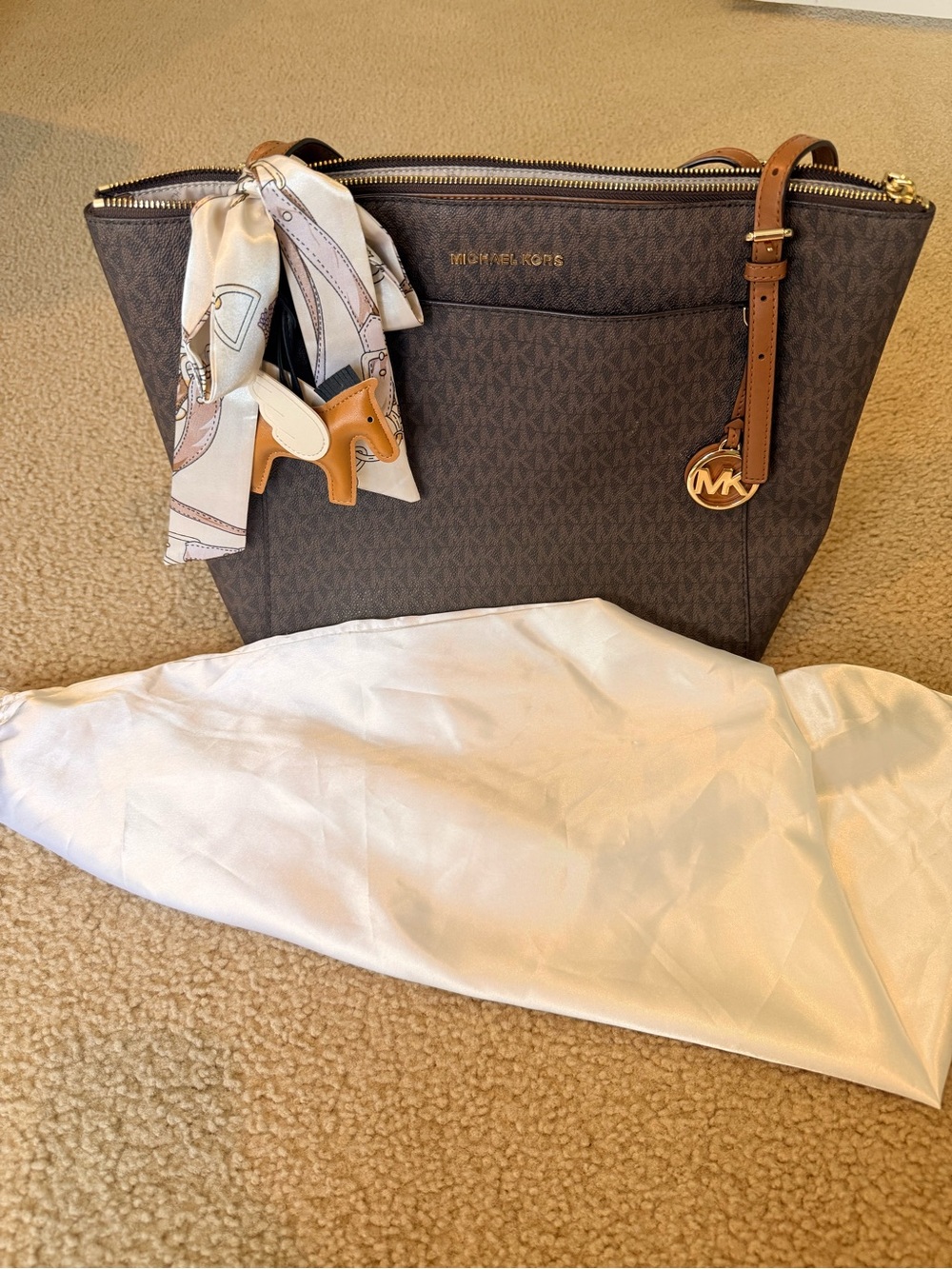Michael Kors Brown Monogram Logo Tote with Gold Hardware